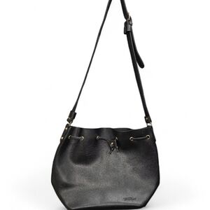 Bella Russo Vegan Leather Pebbled Drawstring Black Bucket Purse w/Gold Hardware